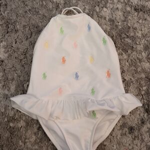Ralph Lauren White One-Piece Toddler Swimsuit with Pastel Pony Embroidery